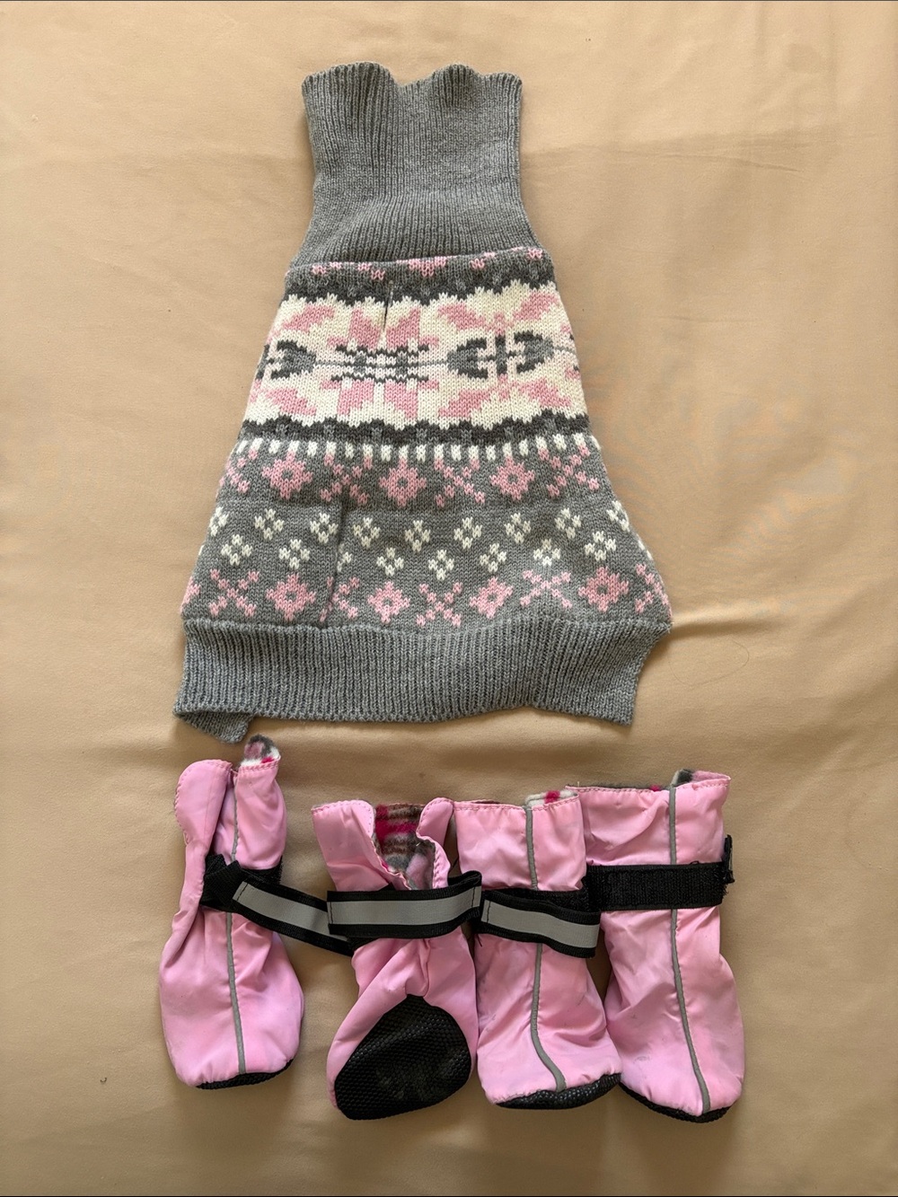 Gray & Pink Fair Isle Dog Sweater with Pink Waterproof Booties